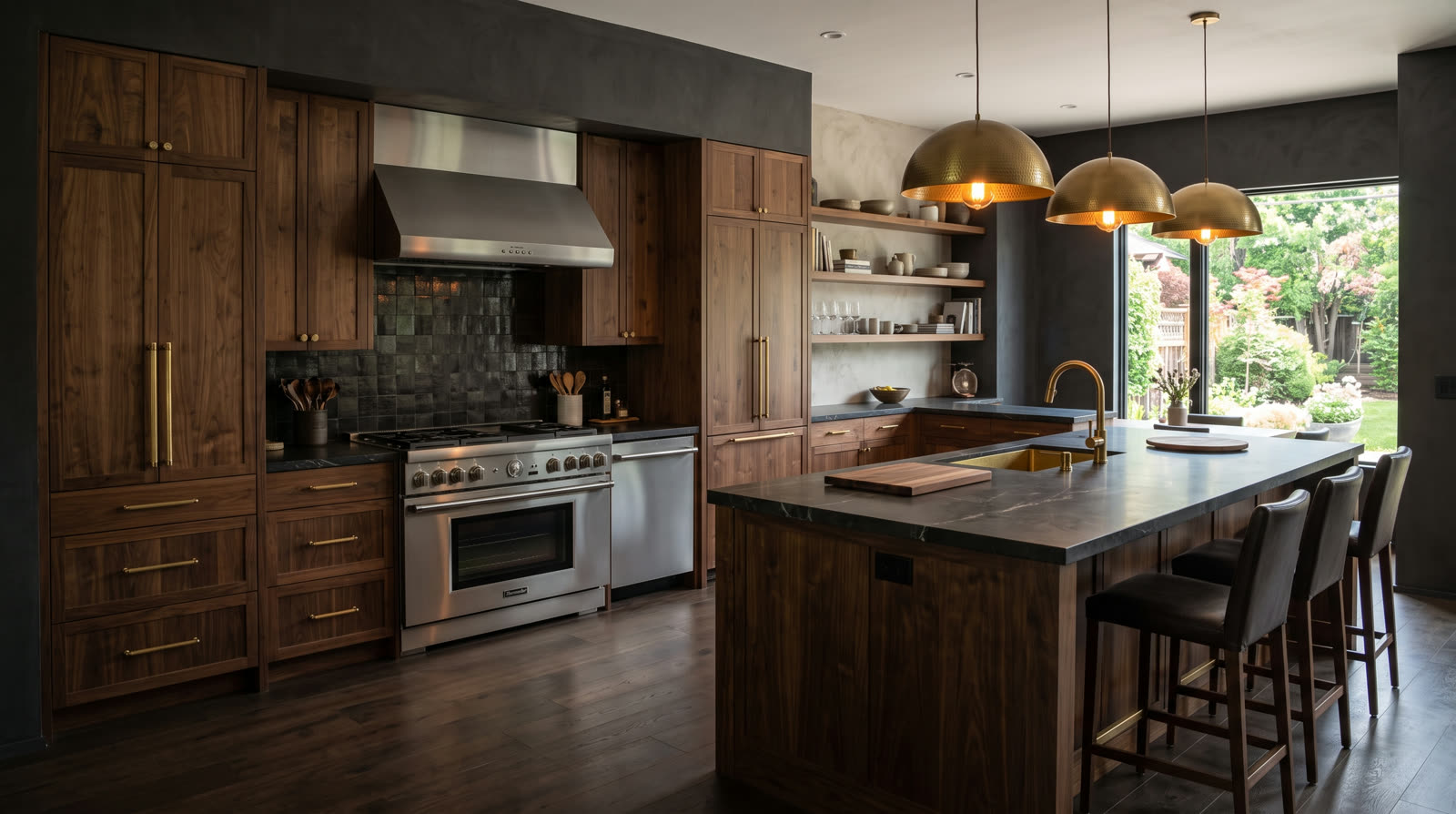 Dark walnut kitchen with a Thermador range