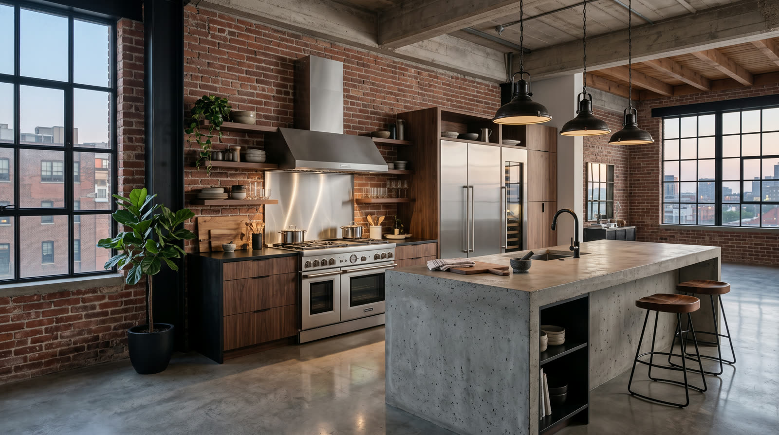 Thermador range in an industrial loft kitchen
