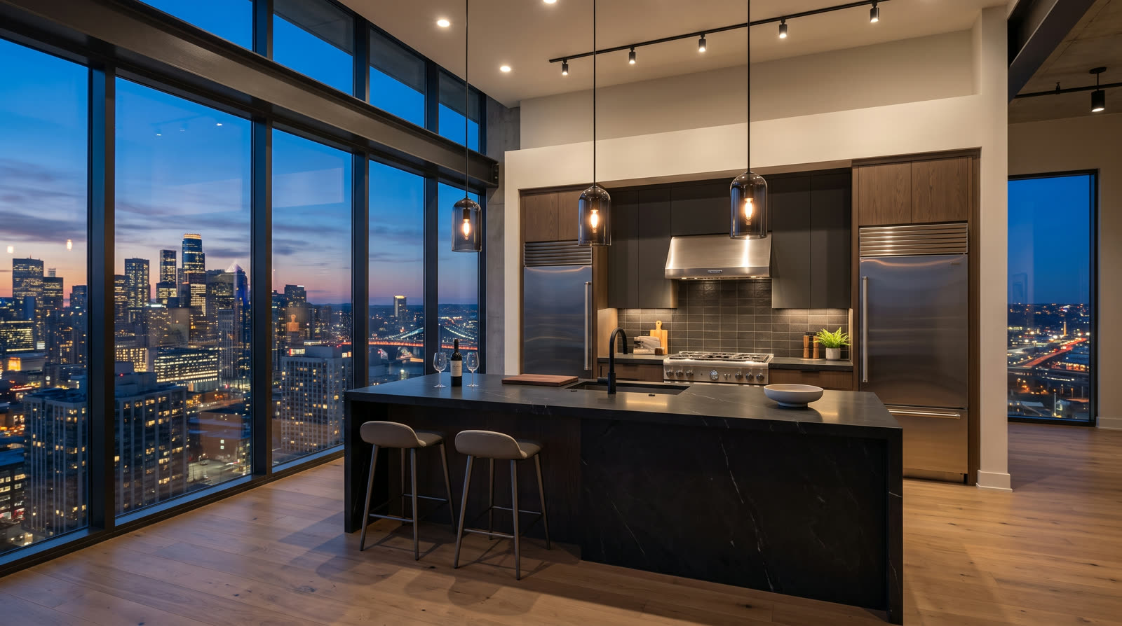 Penthouse kitchen at dusk with Thermador columns