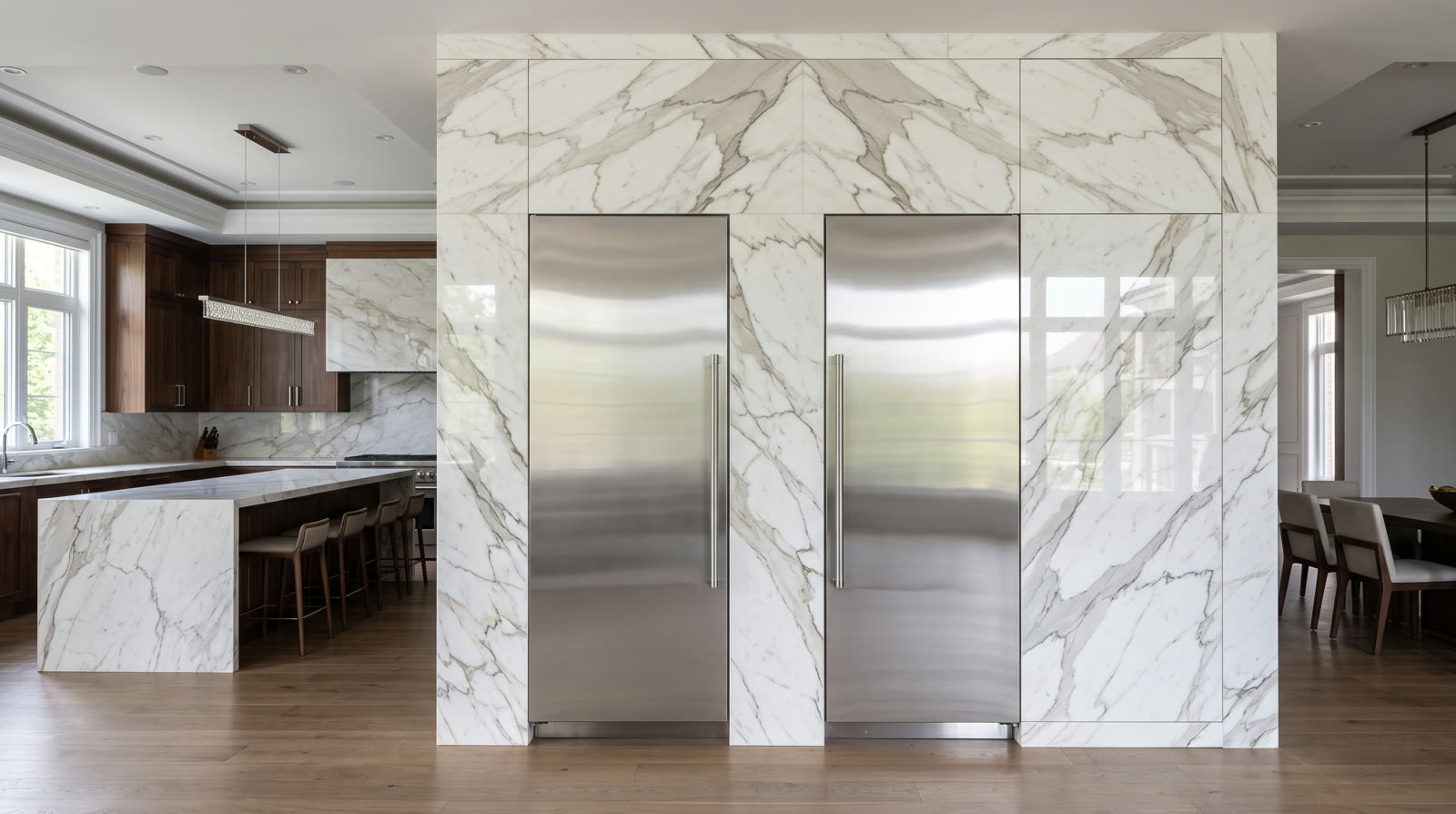 Thermador refrigeration columns in a marble wall