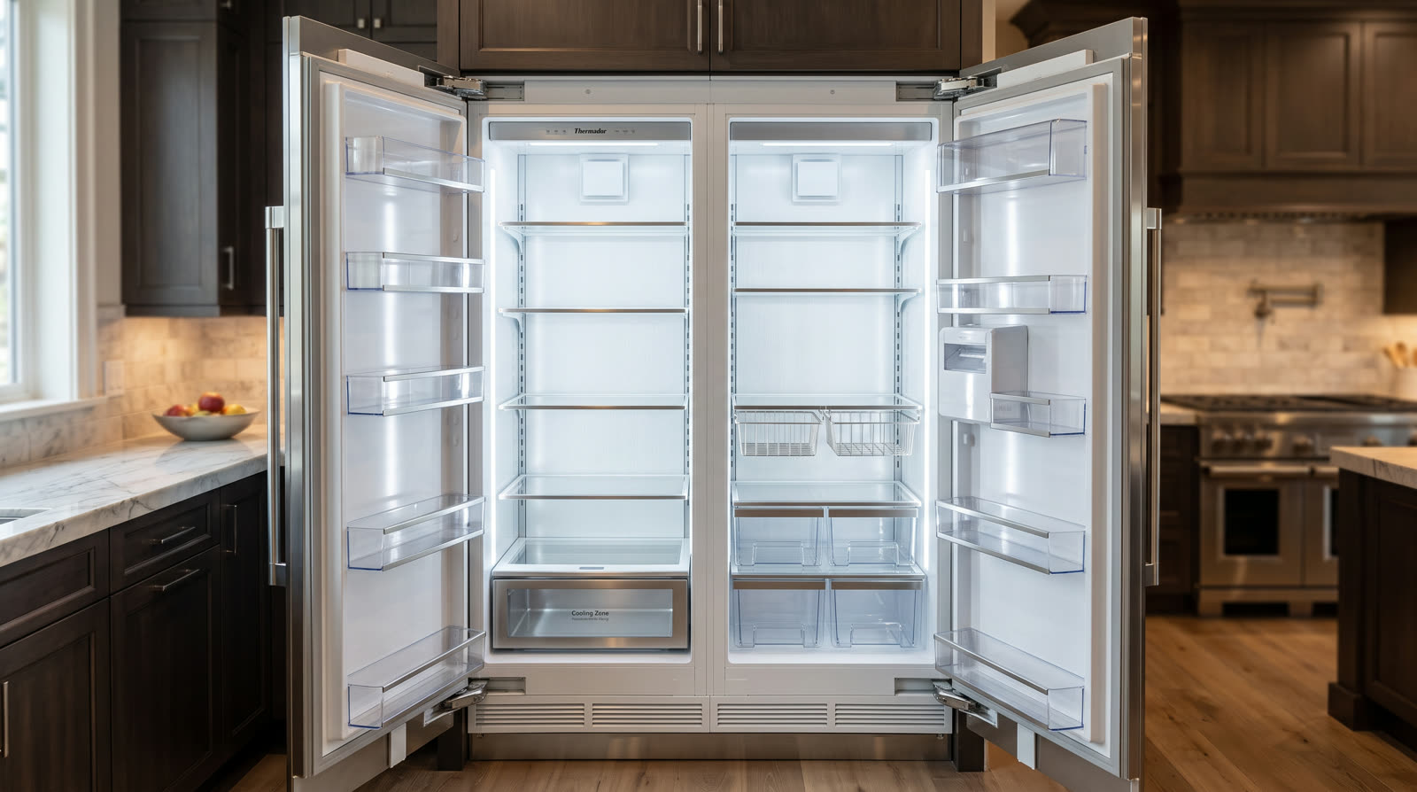 Refrigerator and freezer columns open