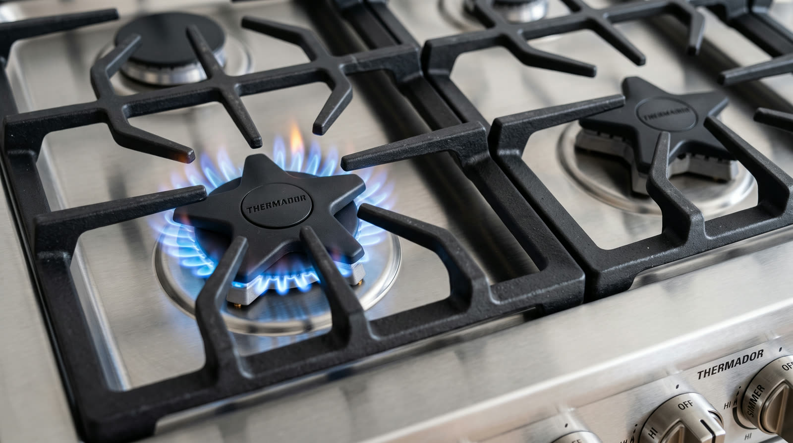 Thermador Star Burner lit with blue flame