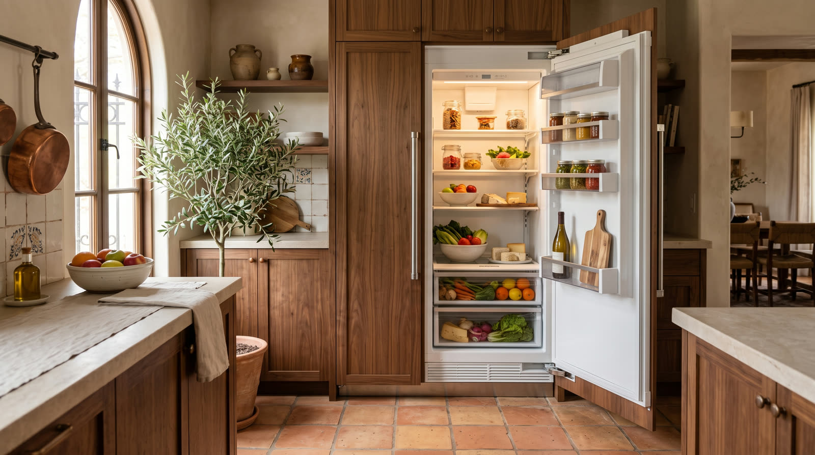 Panel ready Thermador column open in a walnut kitchen