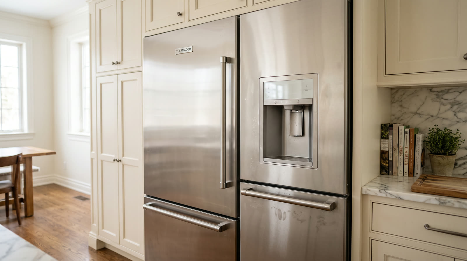 Thermador refrigerator pair in cream cabinetry